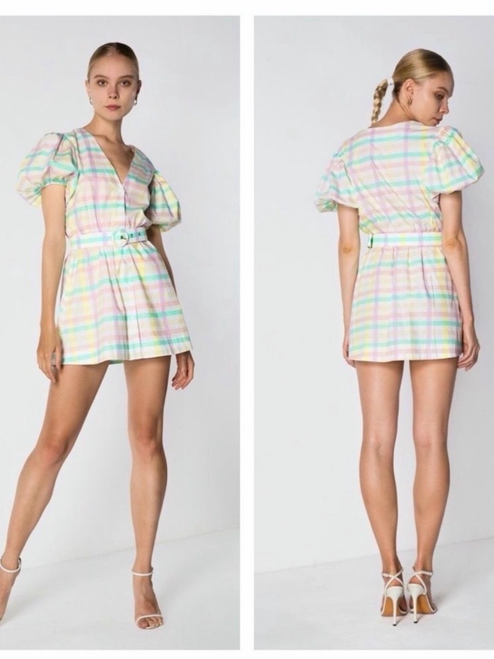 S/W/F Pastel Gingham Plaid Puff Sleeve Belted Mini Dress Cottagecore Picnic Sz S